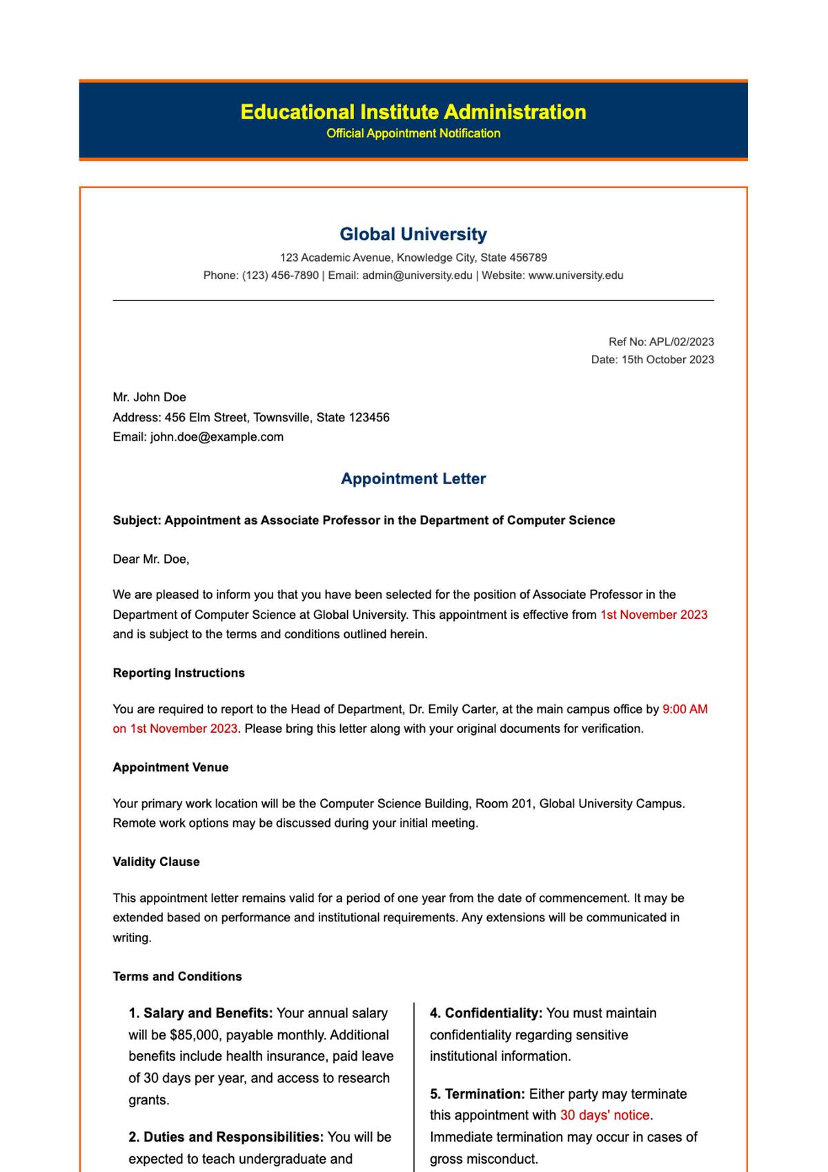 Institute staff appointment letter sample for computer training instructor with editable fields and_variant_2